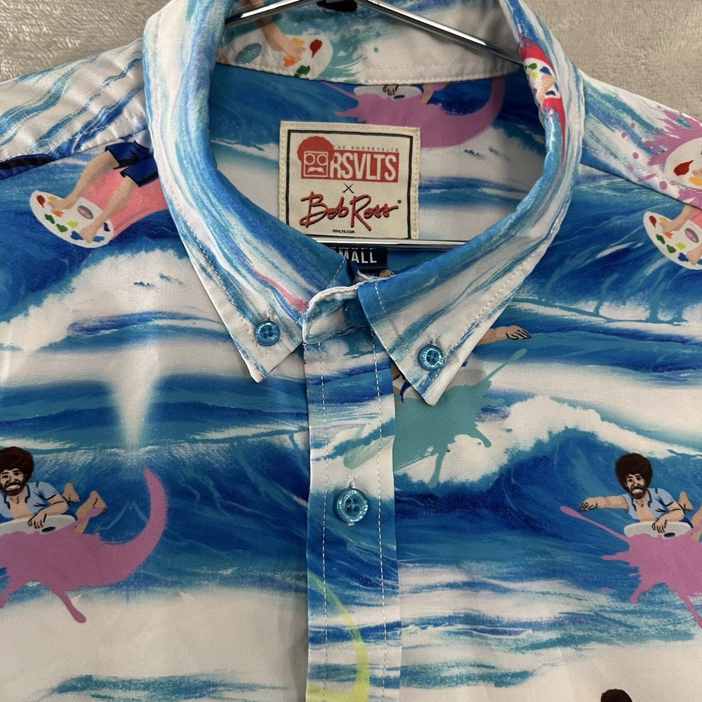 RSVLTS Button Down Short Sleeve Shirt Mens Small Bob Ross Surfs Up Hawaiian - Picture 2 of 10